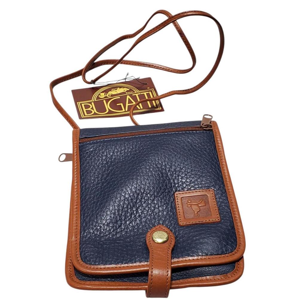 Bugatti Saddle Blue & Brown Leather Crossbody Purse Snap Latch Zip Travel 6x7.5"